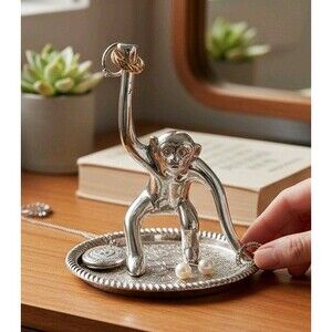 Title: Vintage Silver-Plated Monkey Ring Holder Etched Floral Jewelry Tray 3.75"